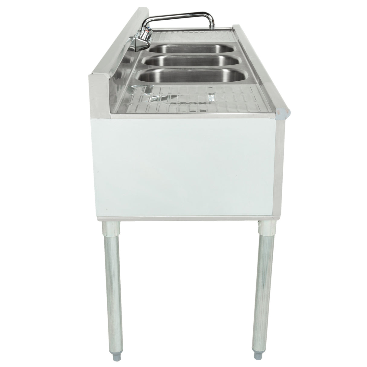 Eagle Group B6C-18 - 72" 언더바 싱크 장치, 1800 시리즈, 3칸, 304 스테인리스 스틸, 왼쪽 및 오른쪽 배수판, 4.5"H 백스플래시