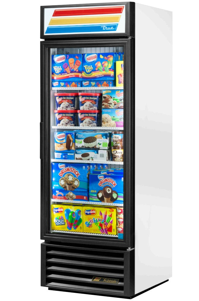True GDM-23F-LD - 27" Merchandiser Freezer, 1 Section, 1 Glass Door, 4 Shelves, Bottom Mount, 3/4 HP, 23 Cu. Ft., 115V