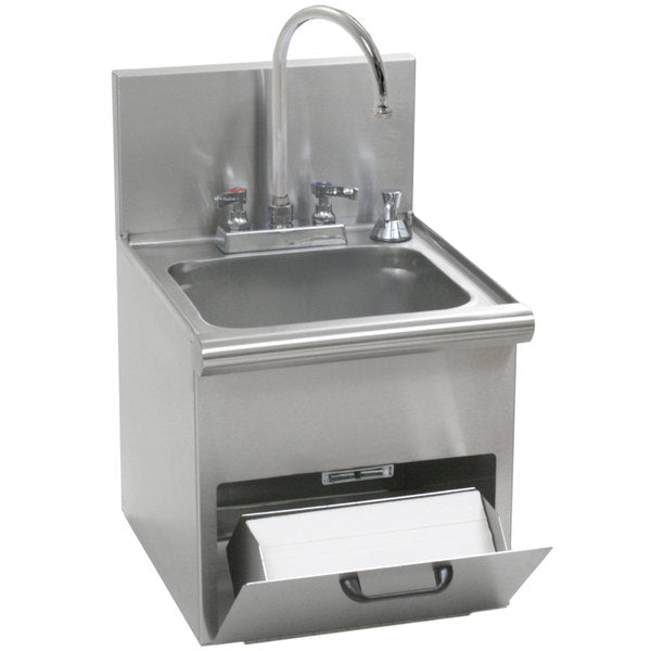 Eagle Group HWC-T - 14"x16.7" Hand Sink, Space Saver, with T&S Gooseneck Faucet, Built In Towel Dispenser, Soap Dispenser, and Basket Drain, 304 Stainless Steel